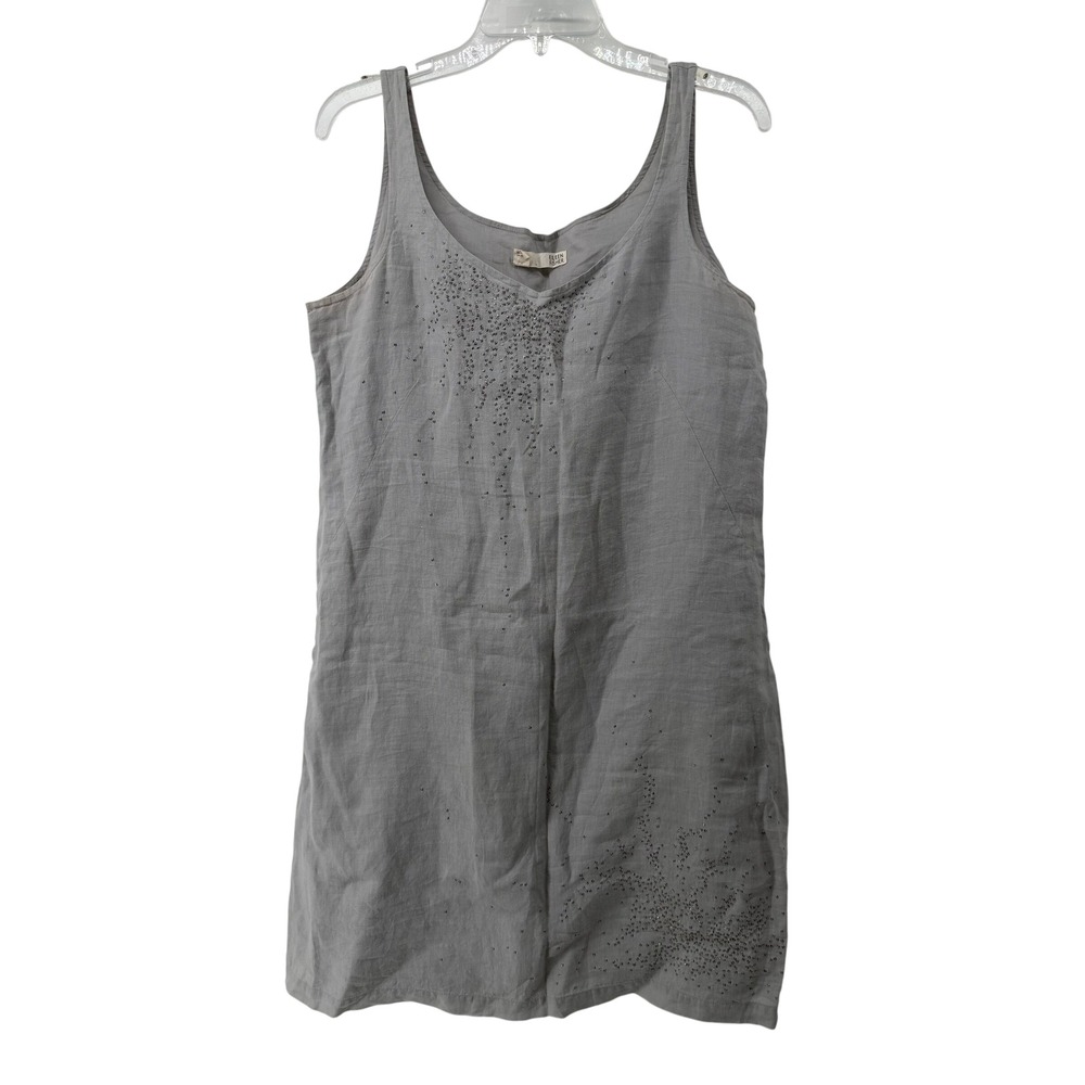 Eileen Fisher Grey Irish Linen Embellished Sleeveless Shift‎ Dress Womens 10